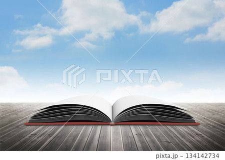 flat design open book with blank pages is lying on wooden deck under sky with clouds flat design open book with blank pages is lying on wooden deck under sky with clouds 134142734