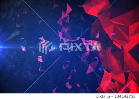 Red polygon cluster with purple-pink shards are floating in digital art space, showing lens flare Red polygon cluster with purple-pink shards are floating in digital art space, showing lens flare 134142759