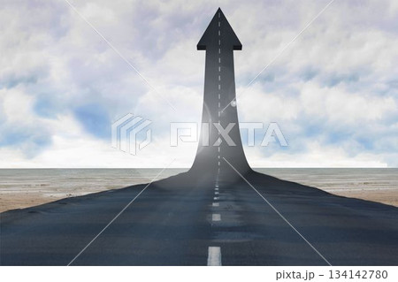 3D render is featuring arrow-shaped asphalt road rising from sandy shore toward cloudy sky 3D render is featuring arrow-shaped asphalt road rising from sandy shore toward cloudy sky 134142780