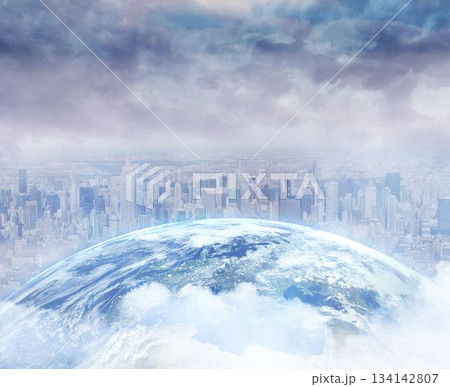 3D render is showing Earth globe hovering above misty city skyline under dramatic cloud-filled sky 134142807