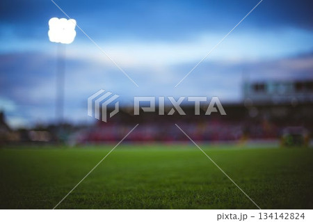 Green grass sports field is glowing under floodlight in flat design, with blurred seating stands 134142824