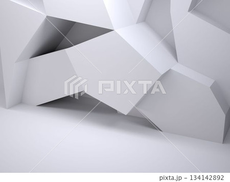 Cluster of angular white polygons is forming flat design in light gray interior, copy space Cluster of angular white polygons is forming flat design in light gray interior, copy space 134142892