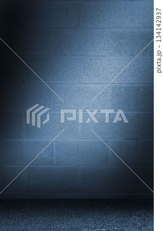cinder block wall is standing under cool blue spotlight in flat design, with rough concrete floor 134142937