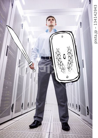 Business staff is standing in server cabinet corridor holding cartoon sword and shield, flat design 134142943