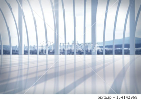Cityscape from a caged balcony 134142969