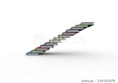 14 colorful hardcover books are floating diagonally to form staircase over white backdrop, vector 134142976