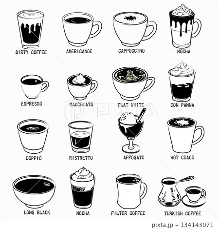 A line art illustration featuring sixteen popular coffee and cocoa drinks, styled as a minimal menu. The beverages include classics like Espresso, Cappuccino, and Americano, alongside specialty items 134143071