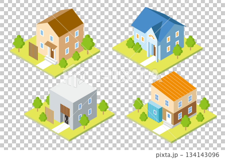 Stylish and cute detached home isometric illustration set Stylish and cute detached home isometric illustration set 134143096