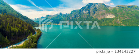 Aerial panoramic view of the Oppstrynsvatnet. Beautiful nature of Norway. Horizontal banner 134143227