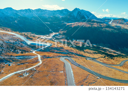 Mountain landscape on a sunny autumn day. View of highway in  Pyrenees mountains, Andorra, Europe 134143271