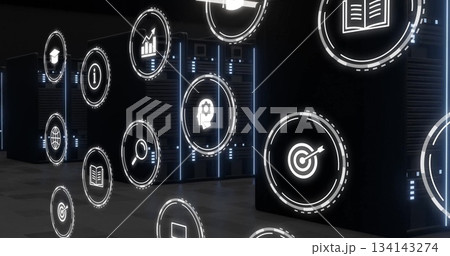 Floating white holographic icons glowing above data hall, with server racks and blue LED lights Floating white holographic icons glowing above data hall, with server racks and blue LED lights 134143274