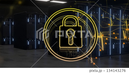 Displaying glowing yellow padlock icon within rings in server room with abstract network lines Displaying glowing yellow padlock icon within rings in server room with abstract network lines 134143276
