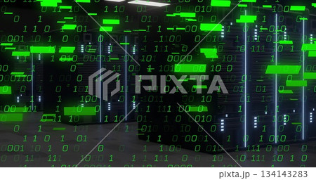 Black server racks standing in data center, showing glowing LED indicators and binary overlay Black server racks standing in data center, showing glowing LED indicators and binary overlay 134143283