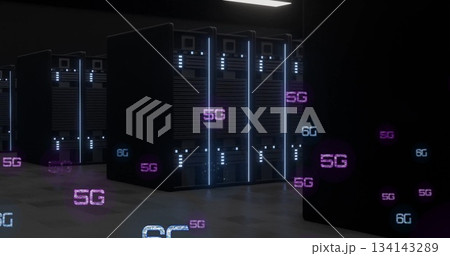 Emitting blue lights on black server cabinets in data center, with floating 5G and 6G labels Emitting blue lights on black server cabinets in data center, with floating 5G and 6G labels 134143289