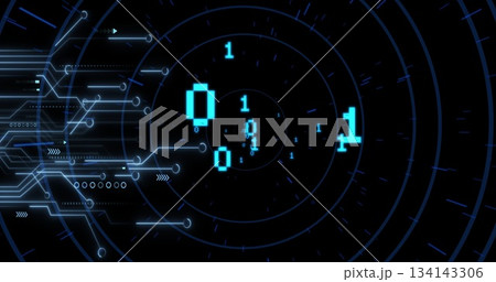 Showing blue binary digits flowing through concentric grids in data hub, with nodes and arrows Showing blue binary digits flowing through concentric grids in data hub, with nodes and arrows 134143306