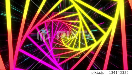Spiraling neon square frames receding into virtual tunnel space, with multicolored motion streaks Spiraling neon square frames receding into virtual tunnel space, with multicolored motion streaks 134143323