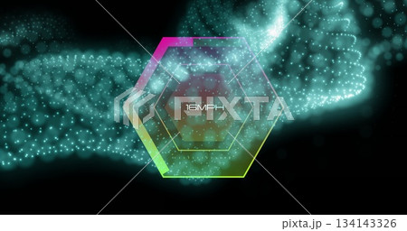 Glowing multicolored hexagon floating in dark digital space, showing 16MPH and turquoise particles 134143326