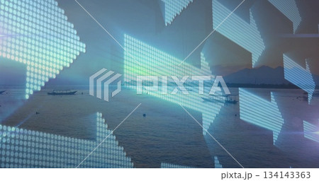 Pointing LED-style arrows floating over sea at dusk, highlighting small boat left and craft right Pointing LED-style arrows floating over sea at dusk, highlighting small boat left and craft right 134143363