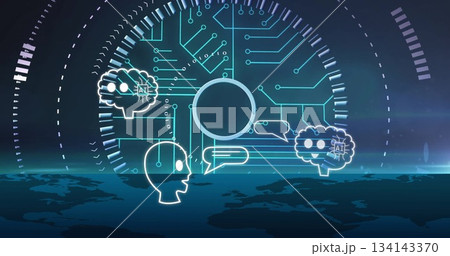 Displaying circuit board motif over virtual world map, with head, AI brain, speech and HUD arcs Displaying circuit board motif over virtual world map, with head, AI brain, speech and HUD arcs 134143370