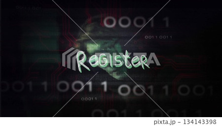 Displaying Register text on screen, showing green fingerprint, binary digits and red traces Displaying Register text on screen, showing green fingerprint, binary digits and red traces 134143398