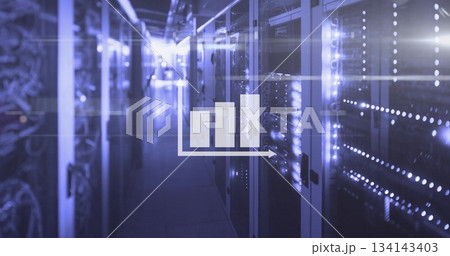 Glowing server cabinets showing LED-lit doors with translucent bar chart in data center, copy space Glowing server cabinets showing LED-lit doors with translucent bar chart in data center, copy space 134143403