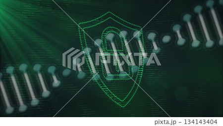 Displaying security chain linking nodes across virtual network grid, with green dotted shield icon 134143404