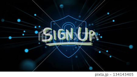 Displaying neon green SIGN UP text on shield padlock, radiating blue lines and nodes on interface Displaying neon green SIGN UP text on shield padlock, radiating blue lines and nodes on interface 134143405