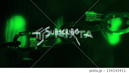 Floating chain link glowing over virtual code streams backdrop, with neon green subscribe text 134143411