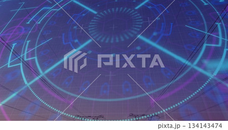 Neon blue-purple digital interface blending into sky grid above field, with towers and power lines Neon blue-purple digital interface blending into sky grid above field, with towers and power lines 134143474