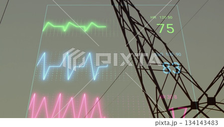 Steel lattice tower projecting holographic waveforms at dawn, with vital sign metrics, power lines Steel lattice tower projecting holographic waveforms at dawn, with vital sign metrics, power lines 134143483