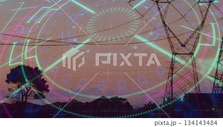 Towering lattice pylon holding power lines over dusk skyline, with circular HUD overlay, copy space 134143484