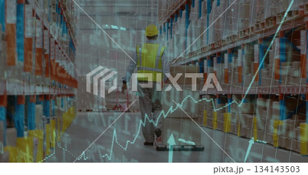 Warehouse worker wearing high-vis vest pushing pallet jack in storage aisle, with data overlay Warehouse worker wearing high-vis vest pushing pallet jack in storage aisle, with data overlay 134143503