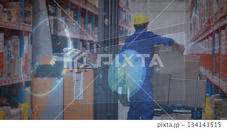 Warehouse worker placing boxes onto shelving in storage aisle, with holographic inventory overlay 134143515