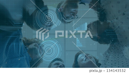Six colleagues examining holographic interface in meeting room, with target rings and grid overlays Six colleagues examining holographic interface in meeting room, with target rings and grid overlays 134143532