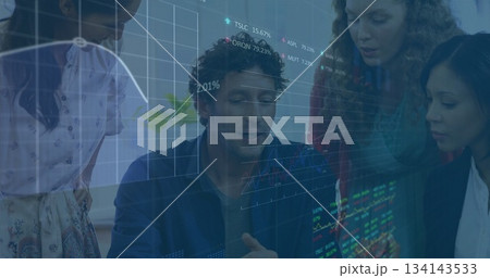 Pointing mature man wearing navy shirt guiding data review in office with laptop displaying charts 134143533