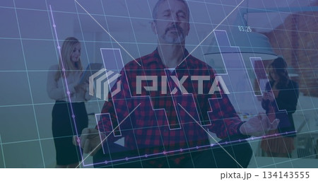 Meditating man sitting cross-legged on chair at modern office, with digital graph overlay Meditating man sitting cross-legged on chair at modern office, with digital graph overlay 134143555