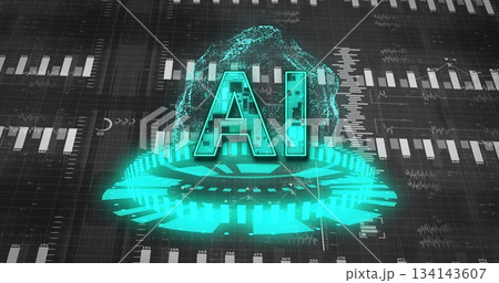 Floating glowing 3D 'AI' above platform in dashboard, showing wireframe sphere, charts and labels Floating glowing 3D 'AI' above platform in dashboard, showing wireframe sphere, charts and labels 134143607