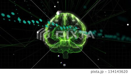 Floating neon green wireframe brain hovering in cyberspace, with glowing nodes and teal streaks 134143620