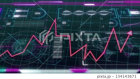 Displaying neon pink jagged line chart trending upward on holographic dashboard, with data panels Displaying neon pink jagged line chart trending upward on holographic dashboard, with data panels 134143671