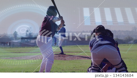 Three women players swinging bat, catching pitch with mitt and pitching at park, with HUD overlays 134143684