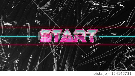 Displaying retro neon text START on crinkled black vinyl backdrop, with pink and cyan lines Displaying retro neon text START on crinkled black vinyl backdrop, with pink and cyan lines 134143731