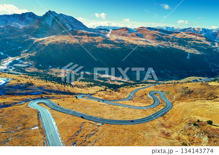 Mountain landscape on a sunny autumn day. View of highway in  Pyrenees mountains, Andorra, Europe 134143774