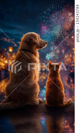 犬と猫が夜景の花火を見つめる幻想的な後ろ姿イラスト 犬と猫が夜景の花火を見つめる幻想的な後ろ姿イラスト 134143784