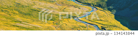 Beautiful nature background. Panorama landscape. Texture of earth. Winding mountain river. Aerial view. Horizontal banner Beautiful nature background. Panorama landscape. Texture of earth. Winding mountain river. Aerial view. Horizontal banner 134143844