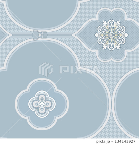 Assorted floral geometric and heart pattern panel designs in soft pastel colors 134143927