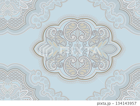 Assorted floral geometric and heart pattern panel designs in soft pastel colors 134143957