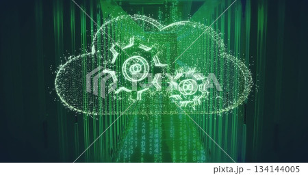Floating holographic cloud icon displaying two gear icons inside server racks with binary streams Floating holographic cloud icon displaying two gear icons inside server racks with binary streams 134144005