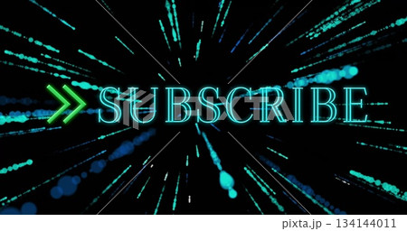Glowing neon SUBSCRIBE text with green arrow radiating over dark background, with turquoise streaks Glowing neon SUBSCRIBE text with green arrow radiating over dark background, with turquoise streaks 134144011