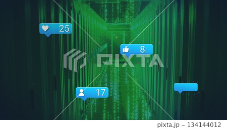 Glowing server cabinets showing green code overlay in data center corridor, with notification icons 134144012