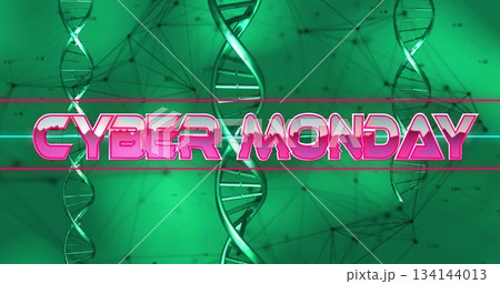 Showing neon CYBER MONDAY banner floating in online scene, with DNA helices, network mesh and bars 134144013